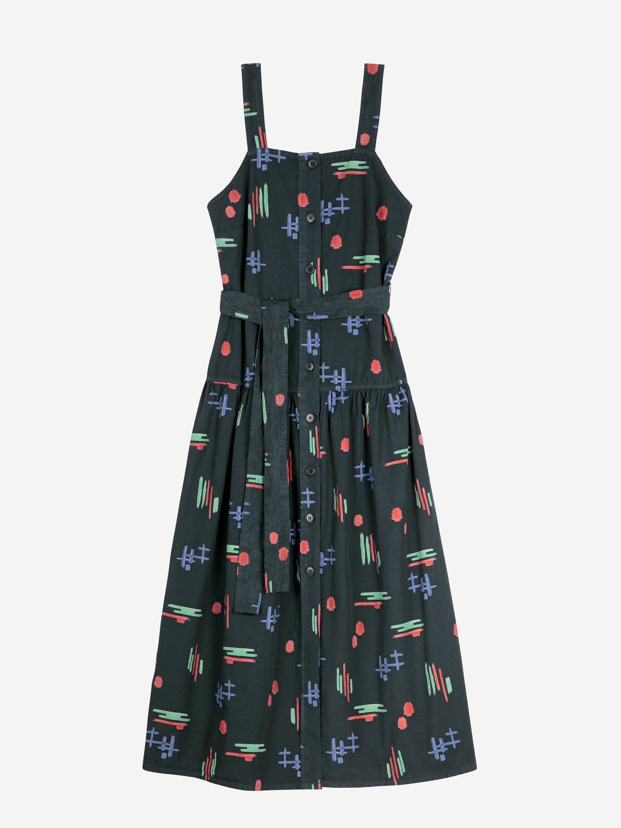 Multicolor print evasé strap dress