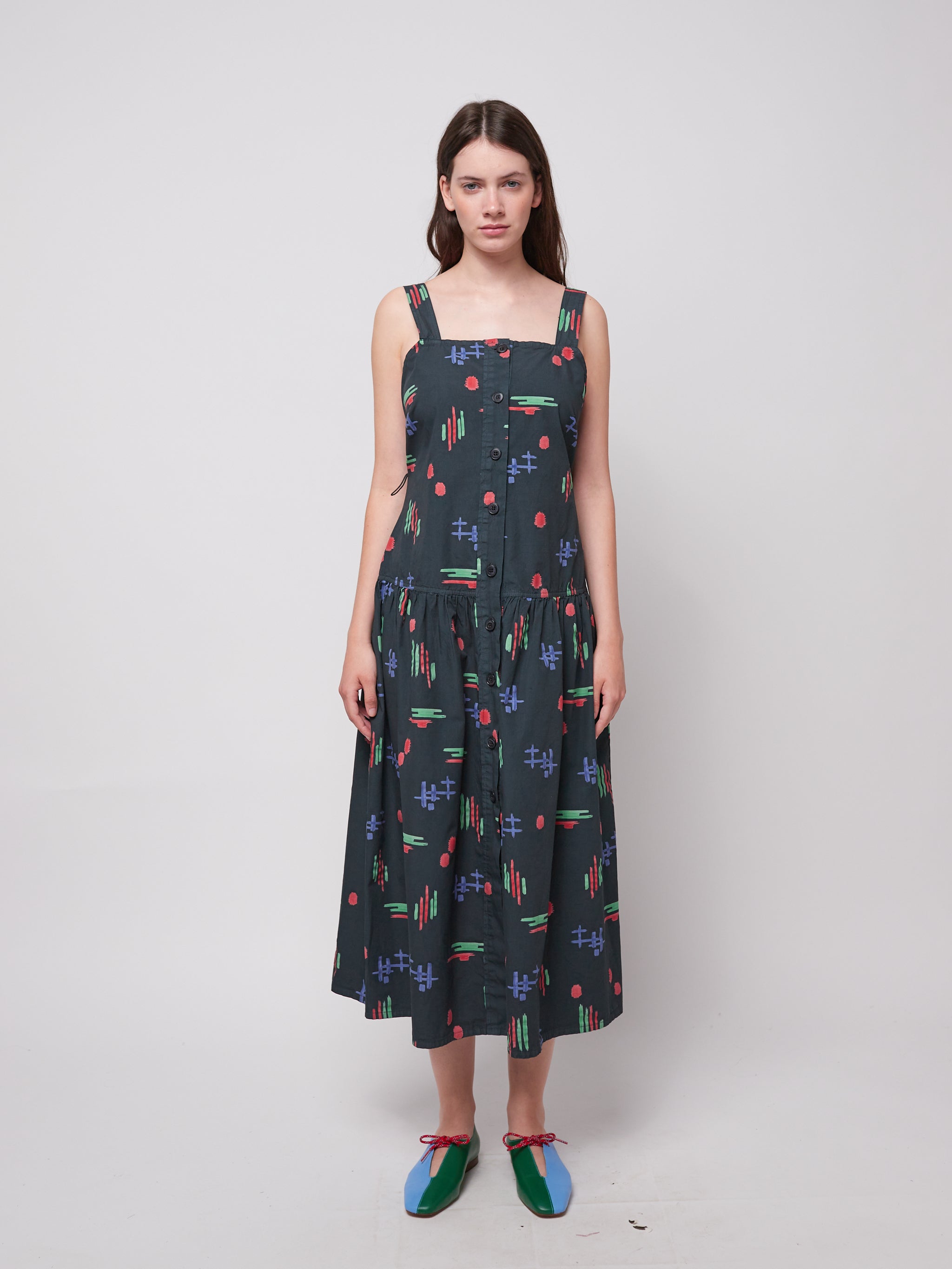 Multicolor print evasé strap dress