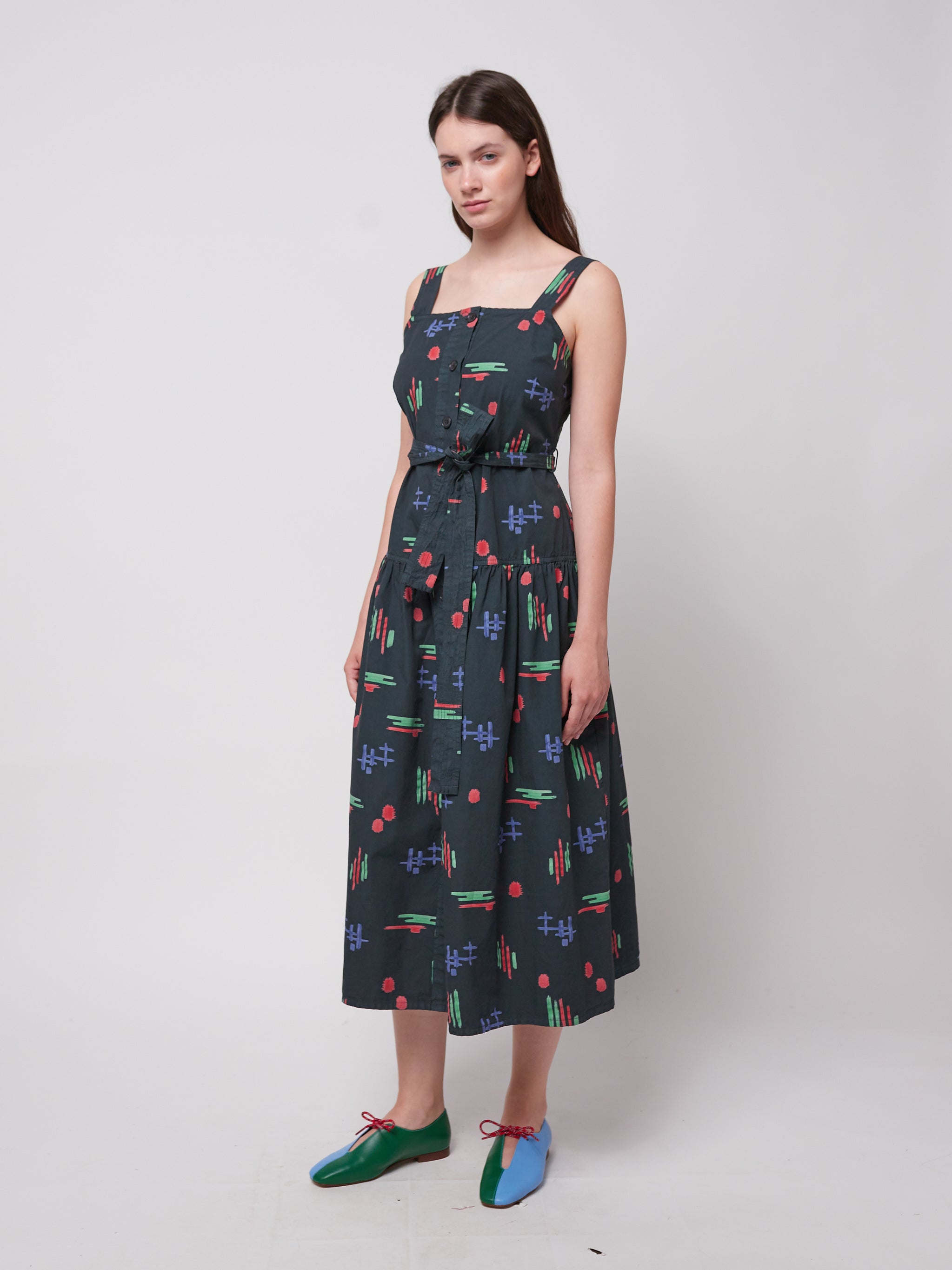 Multicolor print evasé strap dress