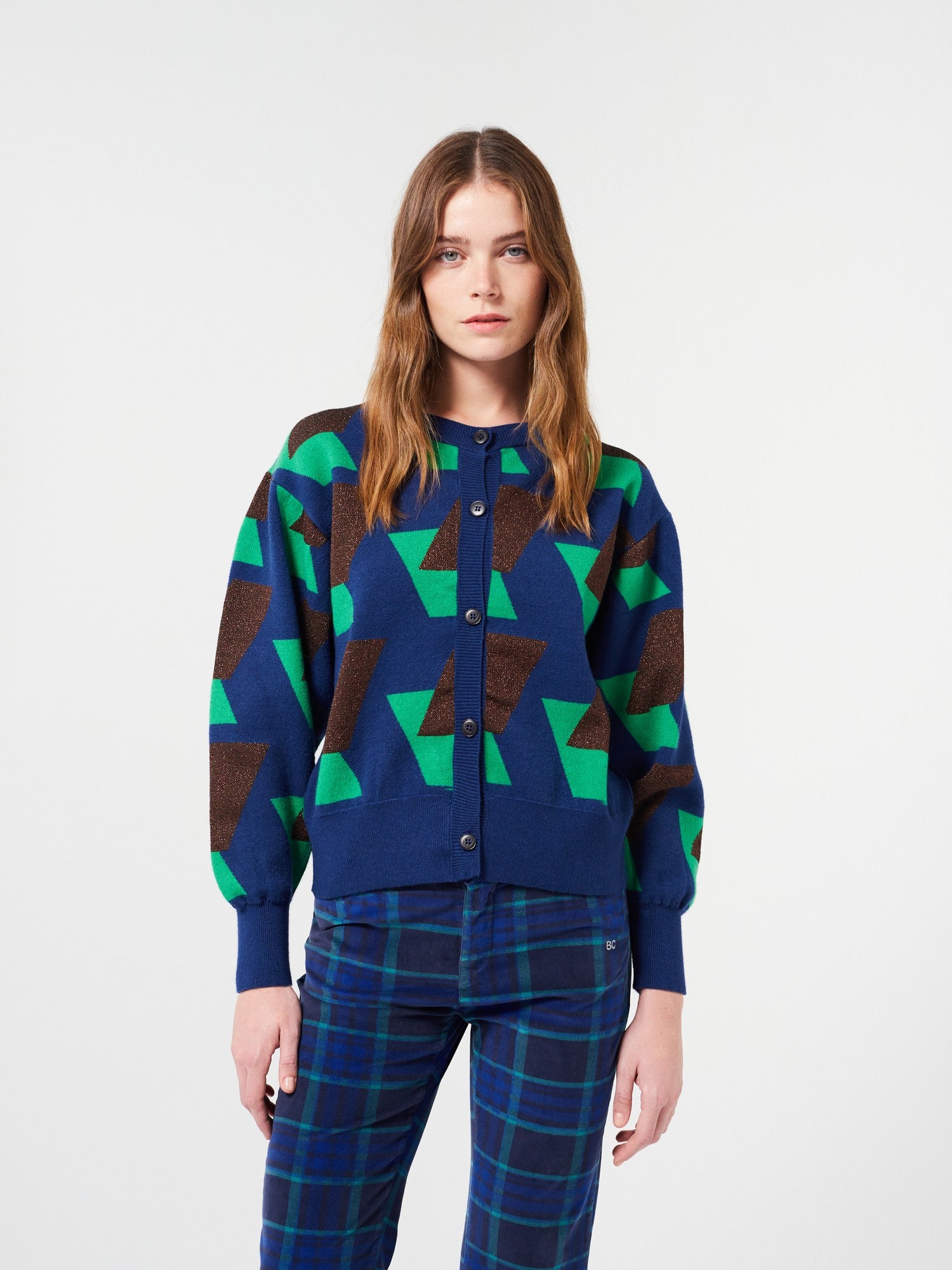 Multicolour checked jacquard knitted cardigan